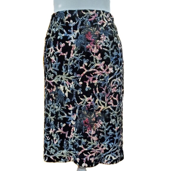 NWT Tahari Black Velvet Sequin Embroidered Knee Length Skirt Sz 10 Ornate Dressy - Picture 1 of 13